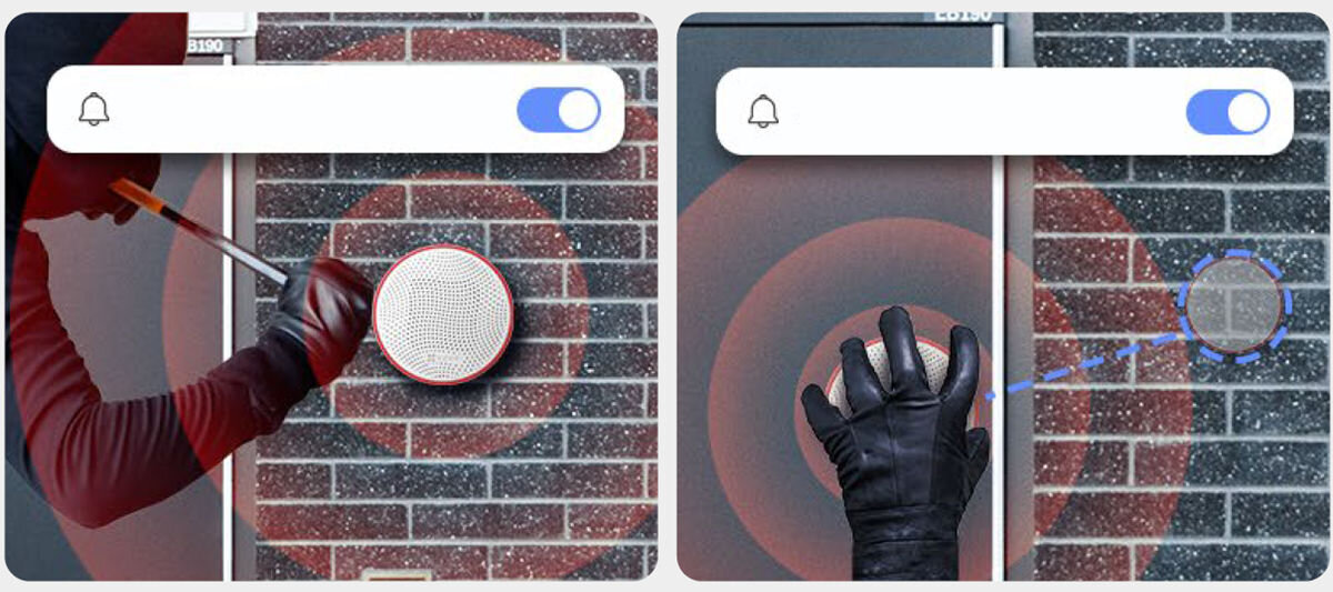 Syrena zewnętrzna EZVIZ CS-T9C-A0-BG, Zabezpieczenia antysabotażowe, stała ochrona, odporność na pogodę, różne miejsca, Syrena T9C – próba sabotażu, dwie ilustracje włamania i zdejmowania z alarmem