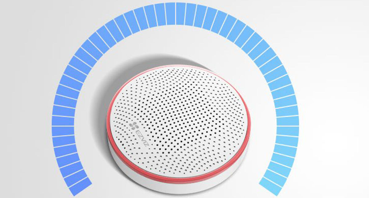 Syrena zewnętrzna EZVIZ CS-T9C-A0-BG, Długowieczna bateria, energooszczędność, lata działania, rzadka wymiana, Wizualizacja głośności syreny EZVIZ T9C na białym tle, wycinek skali w niebieskim kolorze