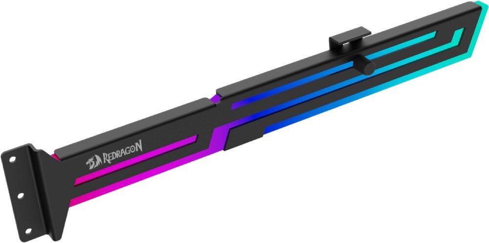 Uchwyt do karty graficznej REDRAGON RD-GCP03 Czarny wspornik do karty graficznej z podświetleniem RGB, zamocowany na metalowej podstawie. Widoczne logo producenta oraz regulowany suwak, opis