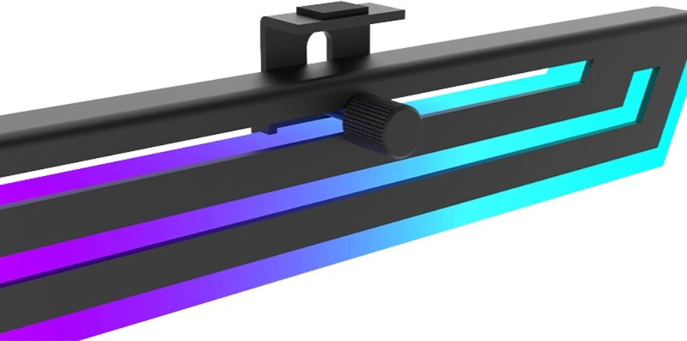Uchwyt do karty graficznej REDRAGON RD-GCP03 Zbliżenie na przednią część wspornika z podświetleniem RGB w odcieniach niebieskiego i fioletowego, podświetlenie RGB, kompatybilność