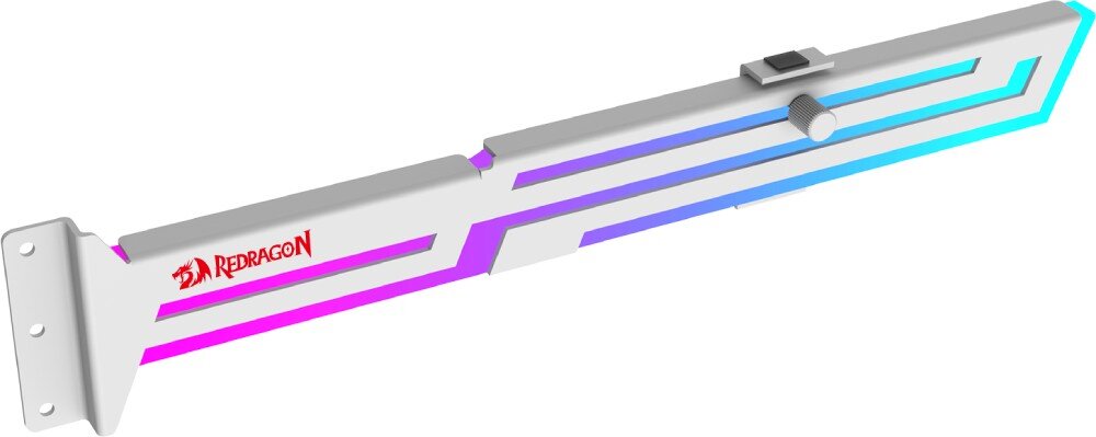 Uchwyt do karty graficznej REDRAGON RD-GCP03W Uchwyt w kolorze białym z podświetleniem RGB i logotypem producenta, wyposażony w regulowane ramię i pokrętło, opis