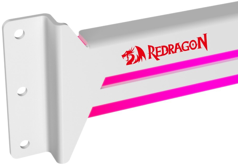 Uchwyt do karty graficznej REDRAGON RD-GCP03W Zbliżenie na lewy koniec uchwytu z widocznym logotypem i różowym podświetleniem wzdłuż linii ozdobnych, przeznaczenie, działanie, wygląd