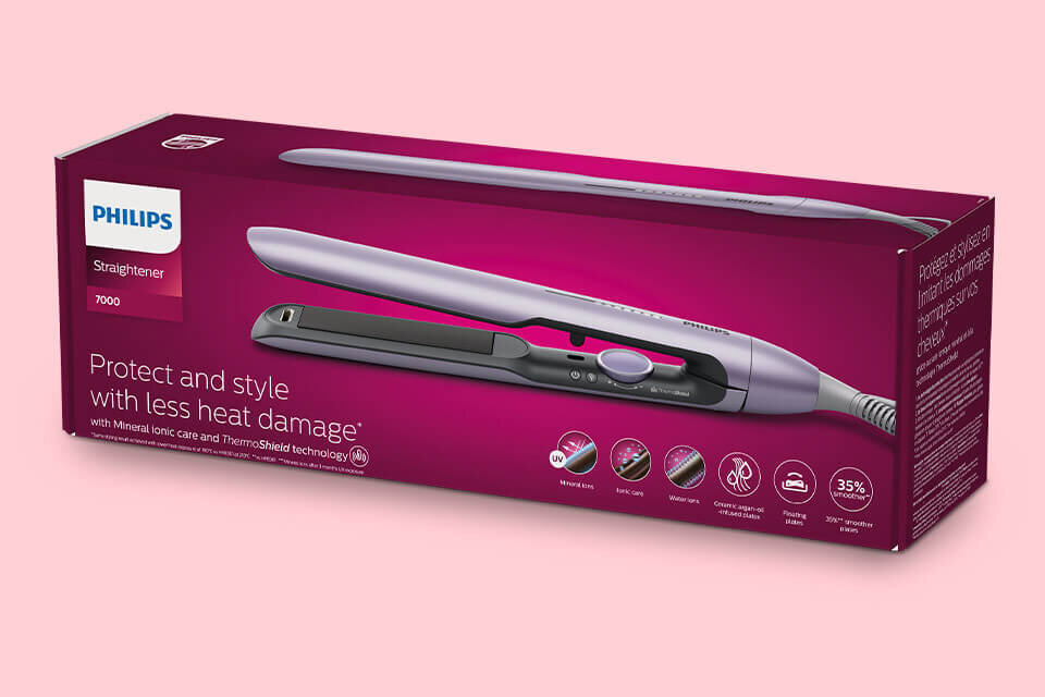 Opakowanie prostownicy Philips TermoShield, która dostępna jest w sklepach Media Expert Opakowanie prostownicy Philips TermoShield, która dostępna jest w sklepach Media Expert