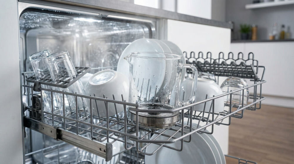 Spieniacz GOTZE & JENSEN MF800G Szklany dzbanek spieniacza do mleka GÖTZE & JENSEN MF800G umieszczony w górnym koszu zmywarki wraz z innymi naczyniami.