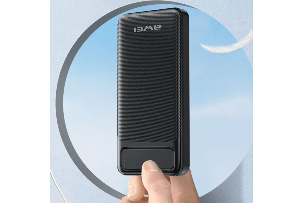 Powerbank AWEI P5K 10000mAh Czarny przenośne źródło zasilania pojemność 10000 mAh dwa wejścia MicroUSB USB-C napięcie 5 V / 2,1 A dwa wyjścia równoczesne ładowanie dwóch urządzeń Quick Charge QC 2,1 A