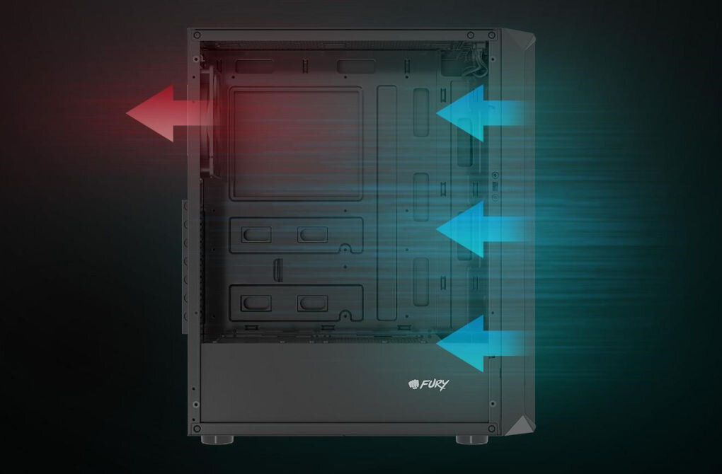 Obudowa FURY Shobo SH4F wydajne efektywne chłodzenie cztery wentylatory PWM 120 mm 3 z przodu, 1 z tyłu otwarty panel górny front typu mesh chłodzenie powietrzne CPU do 161 mm oraz do 8 wentylatorów