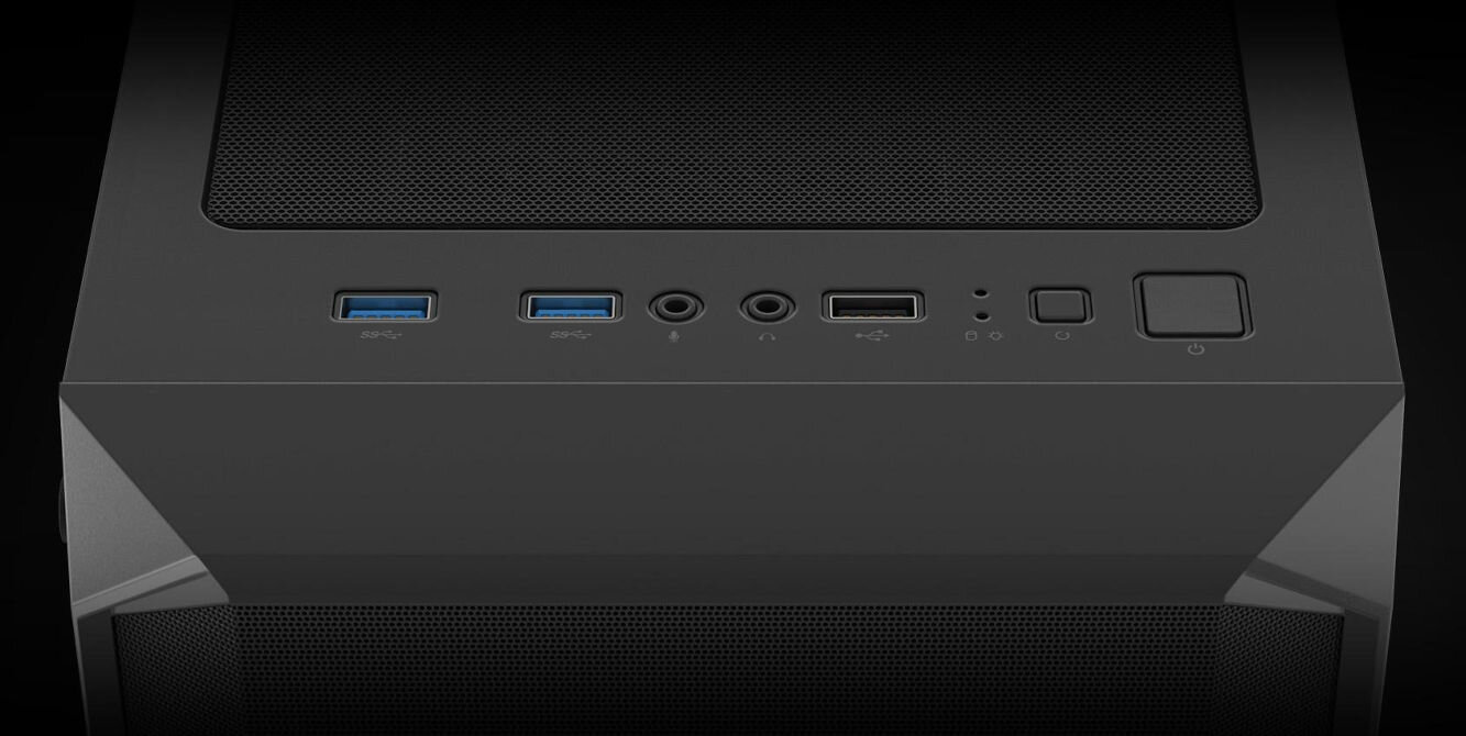 Obudowa FURY Shobo SH4F wszystko co potrzebne do podłączenia akcesoriów górny panel 3 porty USB-A 2 USB 3.0 z prędkością transferu 5 Gbit/s
złącza jack 3,5 mm dla słuchawek i mikrofonu diody działania zasilania i dysku oraz przyciski power oraz reset