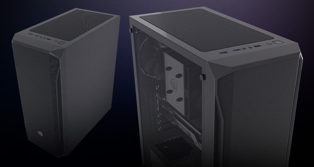 Obudowa FURY Shobo SH4F geometryczny design klasyczna estetyka gamingowy styl lewy panel boczny z hartowanego szkła nowoczesny, cyberpunkowy wygląd