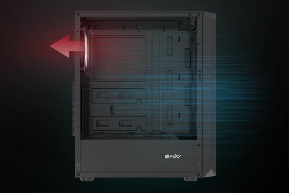 Obudowa FURY Shobo SH4 RGB wydajny podświetlony wentylator 120 mm z tyłu otwarty panel górny oraz front typu mesh dobry przepływ powietrza chłodzenie powietrzne CPU do 161 mm do 8 wentylatorów (3x przód, 2x góra, 1x tył, 2x dół)