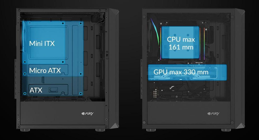 Obudowa FURY Shobo SH4 RGB przemyślana konstrukcja kompatybilna z płytami głównymi ATX micro-ATX mini-ITX miejsce chłodzenie CPU do 161 mm karta graficzna do 330 mm 3 dyski HDD / SSD