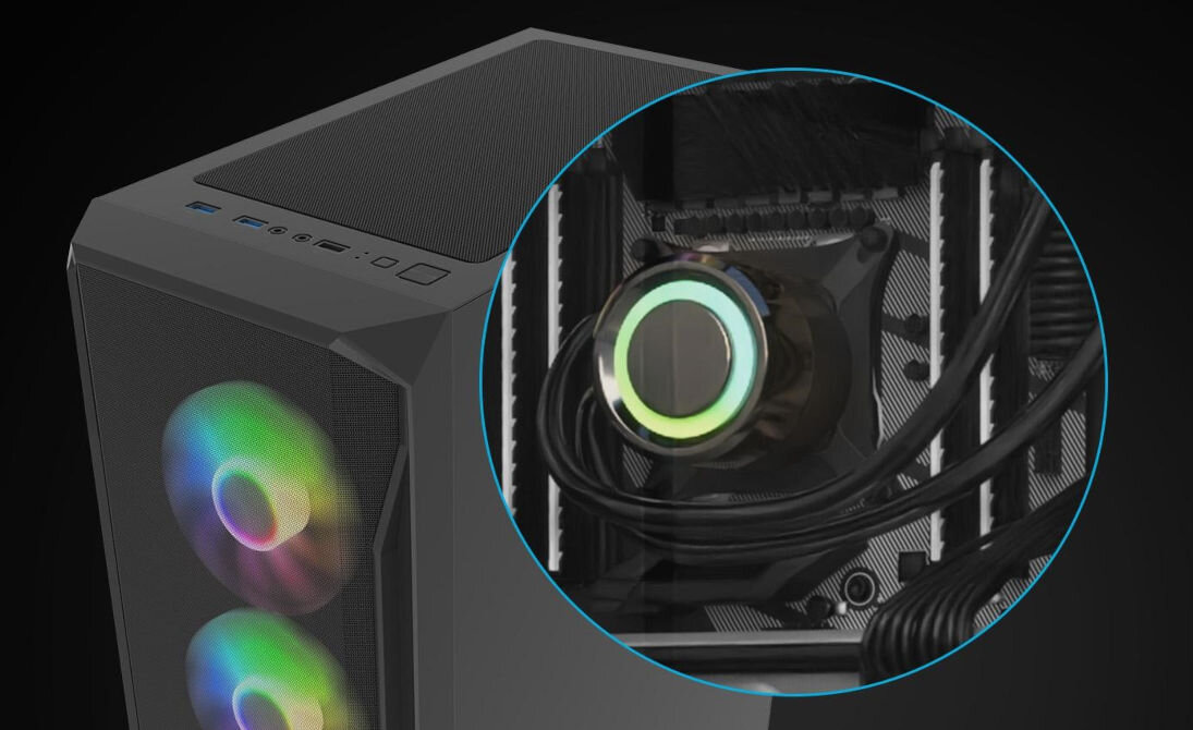 Obudowa FURY Shobo SH4F RGB wydajne chłodzenie wodne cieczą chłodnice AIO LC z przodu (360/280/240/140/120 mm) na górze (240/120 mm) z tyłu (120 mm)