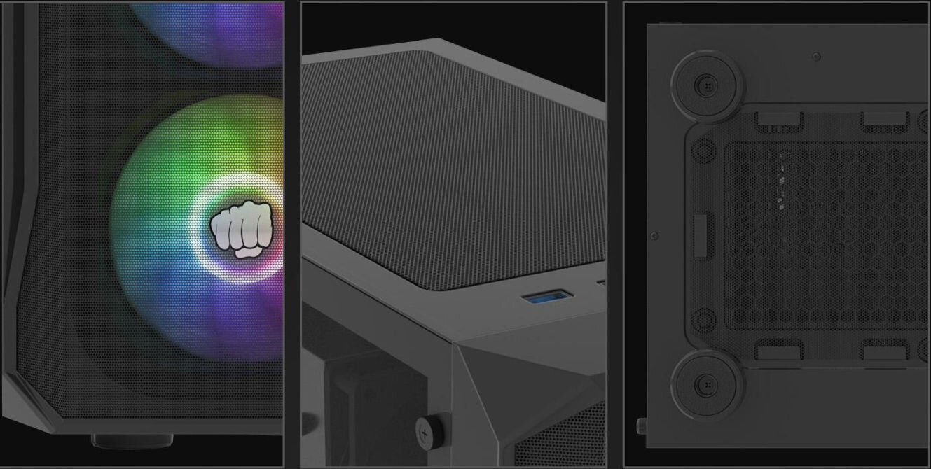 Obudowa FURY Shobo SH4F RGB system filtracji przeciwkurzowej z góry i z dołu front typu mesh z otworami ok 0,8 mm chroni przed zanieczyszczeniami swobodny przeływ powietrza