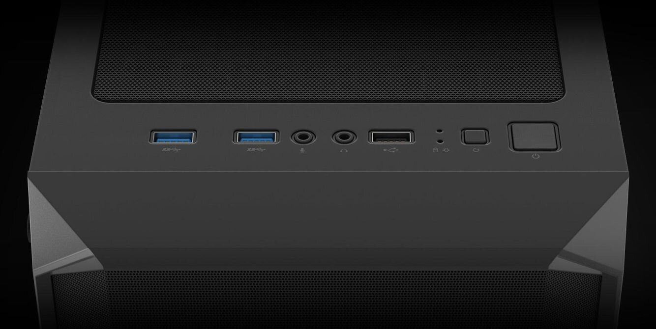 Obudowa FURY Shobo SH4F RGB wszystko co potrzebne do podłączenia akcesoriów górny panel 3 porty USB-A 2 USB 3.0 z prędkością transferu 5 Gbit/s
złącza jack 3,5 mm dla słuchawek i mikrofonu diody działania zasilania i dysku oraz przyciski power oraz reset