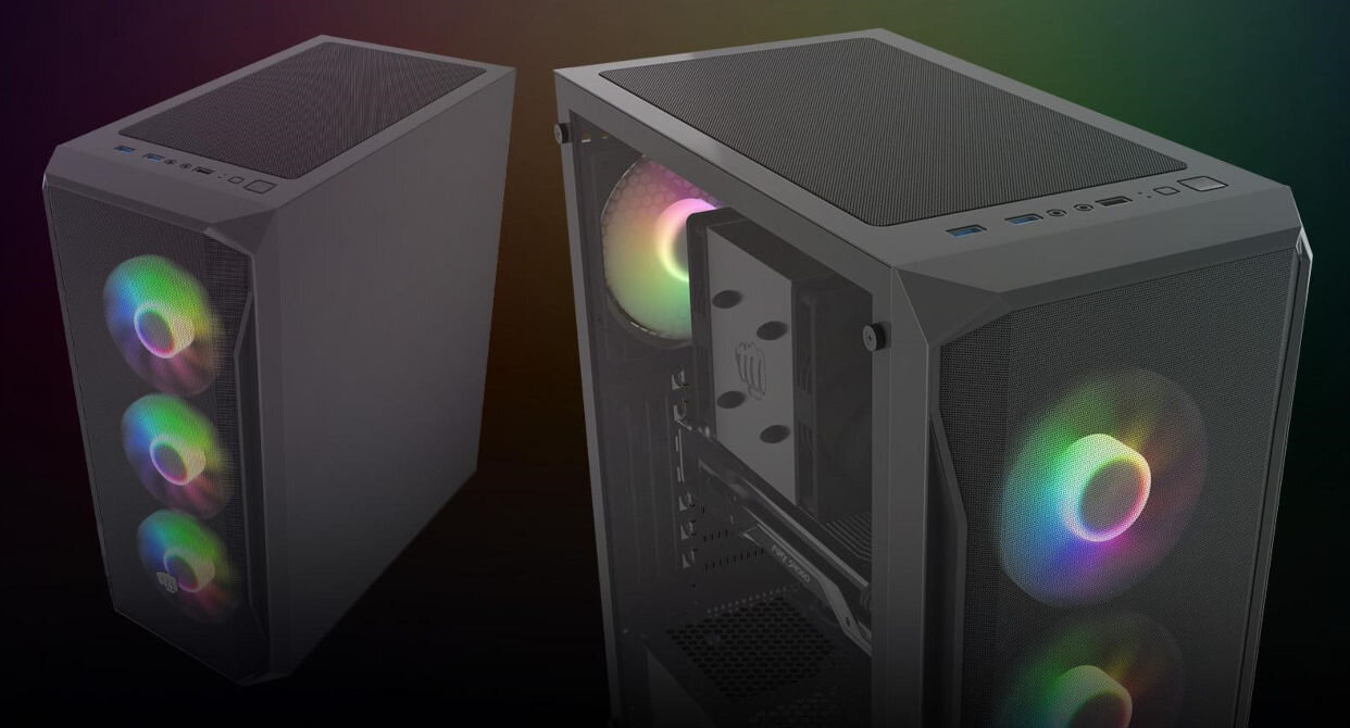 Obudowa FURY Shobo SH4F RGB geometryczny design klasyczna estetyka gamingowy styl lewy panel boczny z hartowanego szkła nowoczesny, cyberpunkowy wygląd