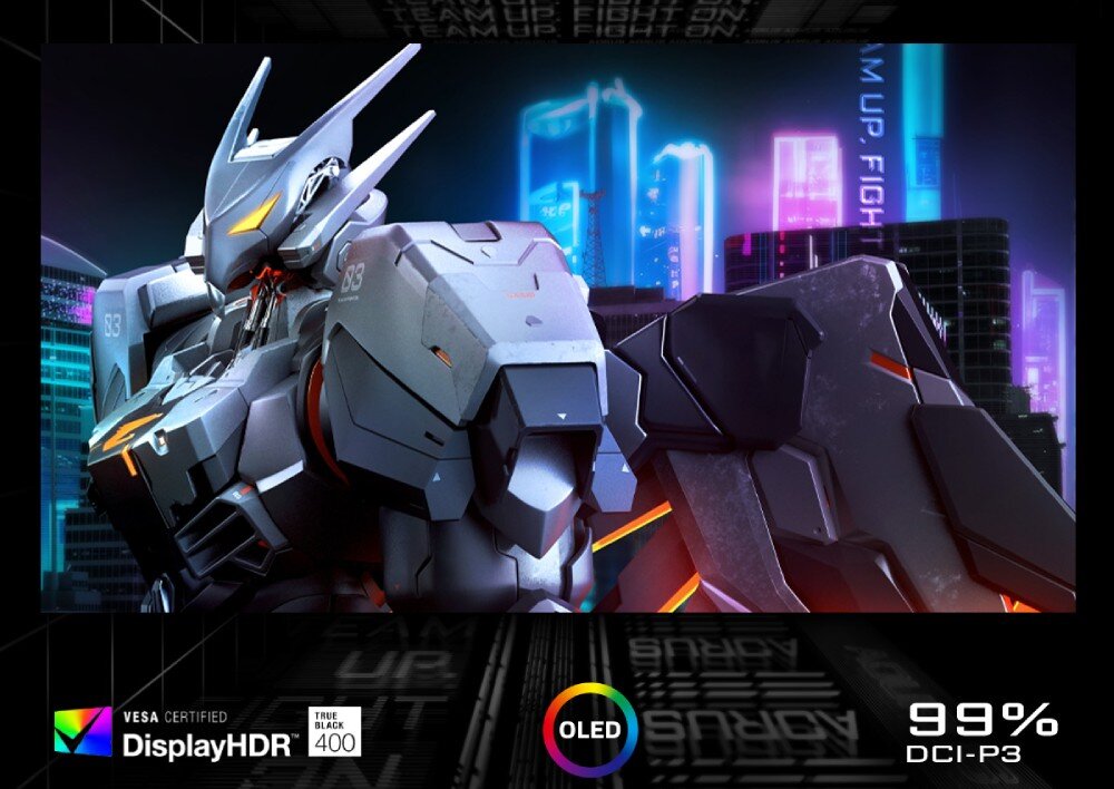 Monitor GIGABYTE AORUS CO49DQ Zbliżenie na ekran monitora z wizerunkiem robota w otoczeniu neonów. W lewym dolnym rogu widoczne są logotypy certyfikatu DisplayHDR 400, technologii OLED oraz oznaczenie pokrycia 99% przestrzeni barw DCI-P3, matryca, rozdzielczość, kontrast, kolory