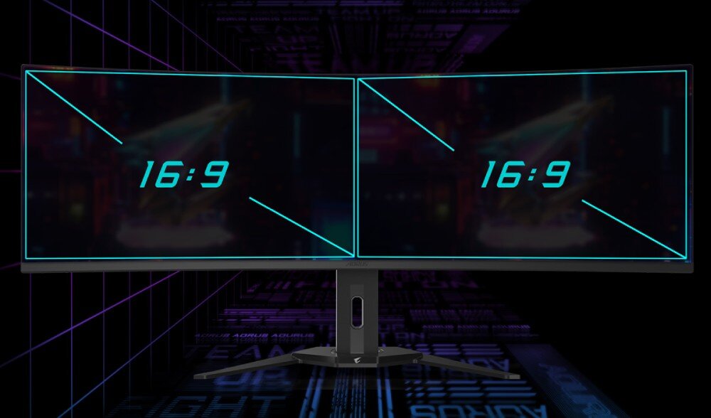 Monitor GIGABYTE AORUS CO49DQ Monitor podzielony na dwie równe części, każda z proporcjami 16:9. Ekran przedstawia układ umożliwiający jednoczesne wyświetlanie dwóch obszarów roboczych, format ekranu, wielkość, zastosowanie
