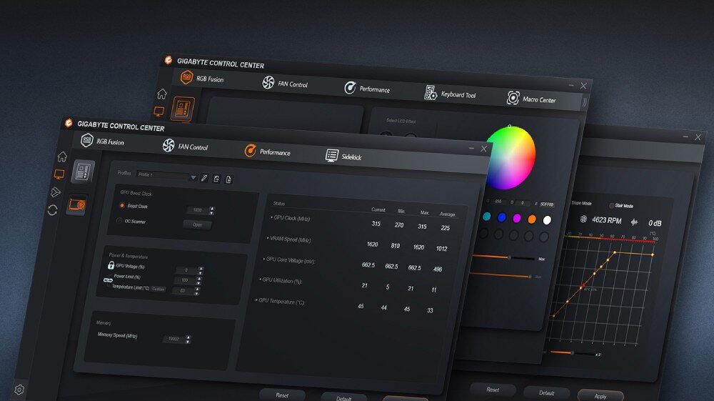 Monitor GIGABYTE AORUS CO49DQ Zrzut ekranu z aplikacji GIGABYTE CONTROL CENTER pokazujący panele sterowania. Widoczne są zakładki związane z podświetleniem RGB, kontrolą wentylatorów, wydajnością oraz ustawieniami makr, oprogramowanie, aplikacja, narzędzia, funkcje