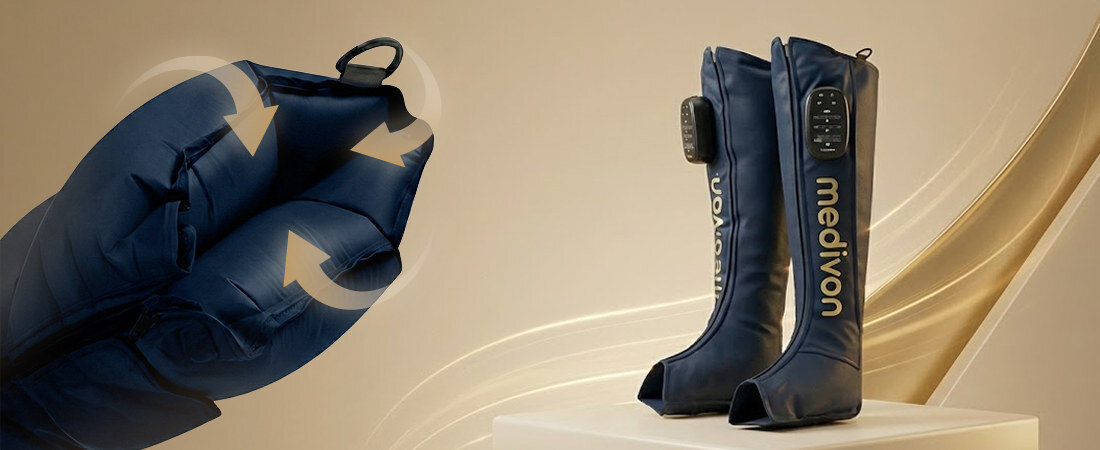 Masażer Limfatyczny do nóg MEDIVON Aeria Skuteczna regeneracja technologię naprzemiennego ucisku drenaż limfatyczny regenerację mięśni, redukuje obrzęki, wspomaga usuwanie toksyn z organizmu