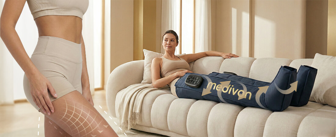 Masażer Limfatyczny do nóg MEDIVON Aeria Redukcja obrzęków i regeneracja mięśni  wspierający redukcję obrzęków, poprawę krążenia i regenerację mięśni Technologia drenażu limfatycznego Wysoka jakość wykonania
