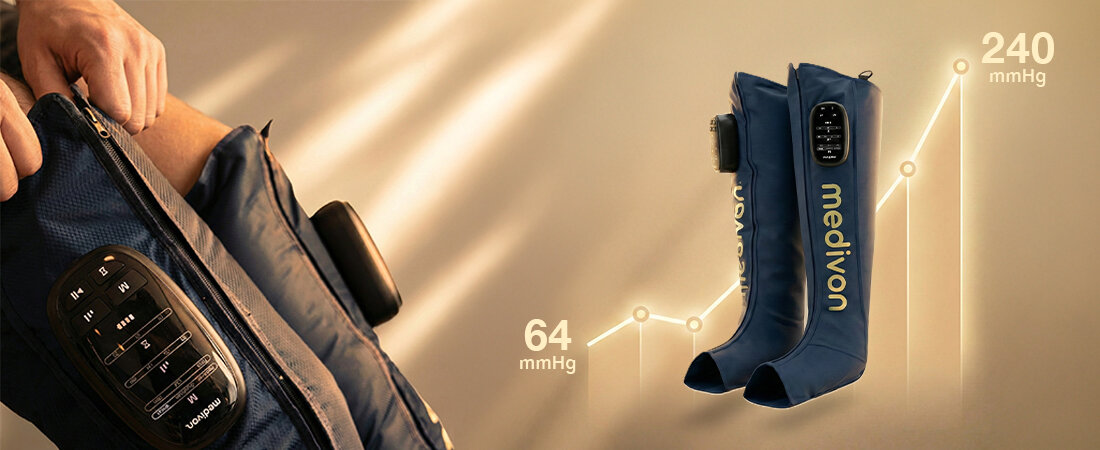 Masażer Limfatyczny do nóg MEDIVON Aeria z antyalergicznego, łatwego do czyszczenia materiału  granatowym wykończeniu komfort wygoda higiena Wytrzymałe opinające komory powietrzne wzrost zakres