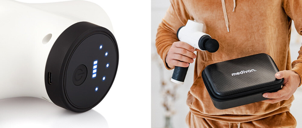Pistolet do masażu MEDIVON Gun Revit + Pokrowiec 9 w 1 Wskaźnik LED komfort bezpieczeństwo użytkowanie monitorowanie tryb pracy poziom naładowania baterii