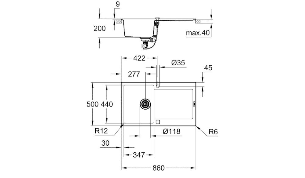 Zlewozmywak jednokomorowy z ociekaczem GROHE K500 31644AP0 rysunek techniczny wymiary