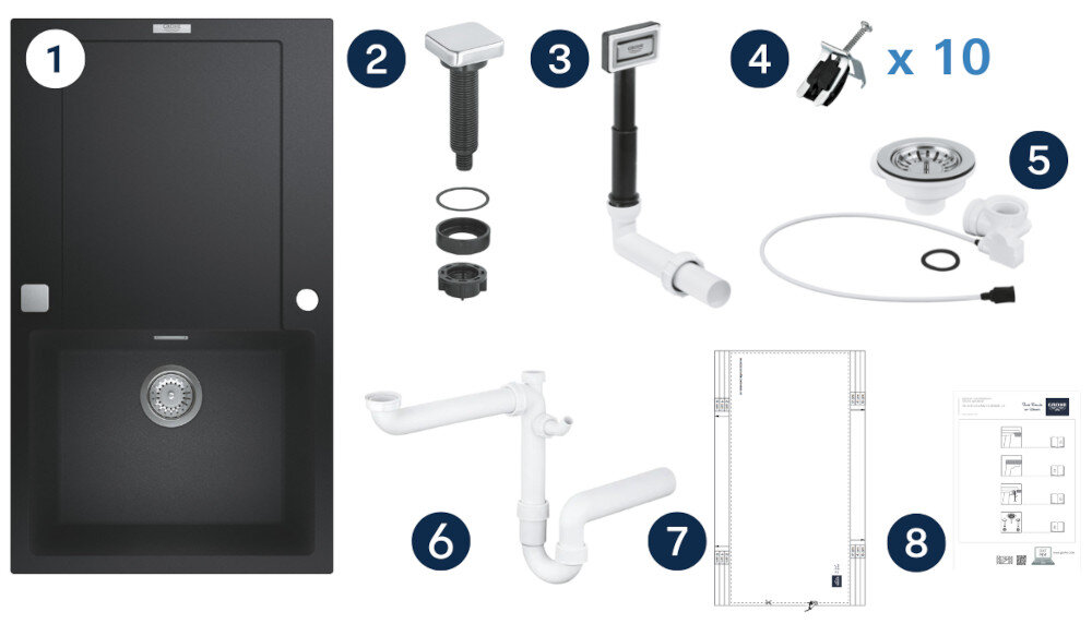 Zlewozmywak jednokomorowy z ociekaczem GROHE K500 31644AP0 Grafika przedstawia czarny zlewozmywak z jedną komorą oraz wszystkie elementy montażowe wchodzące w skład zestawu. Poszczególne części, takie jak syfon, odpływ, pokrętło czy szablon montażowy, zostały ponumerowane i rozmieszczone wokół zlewu