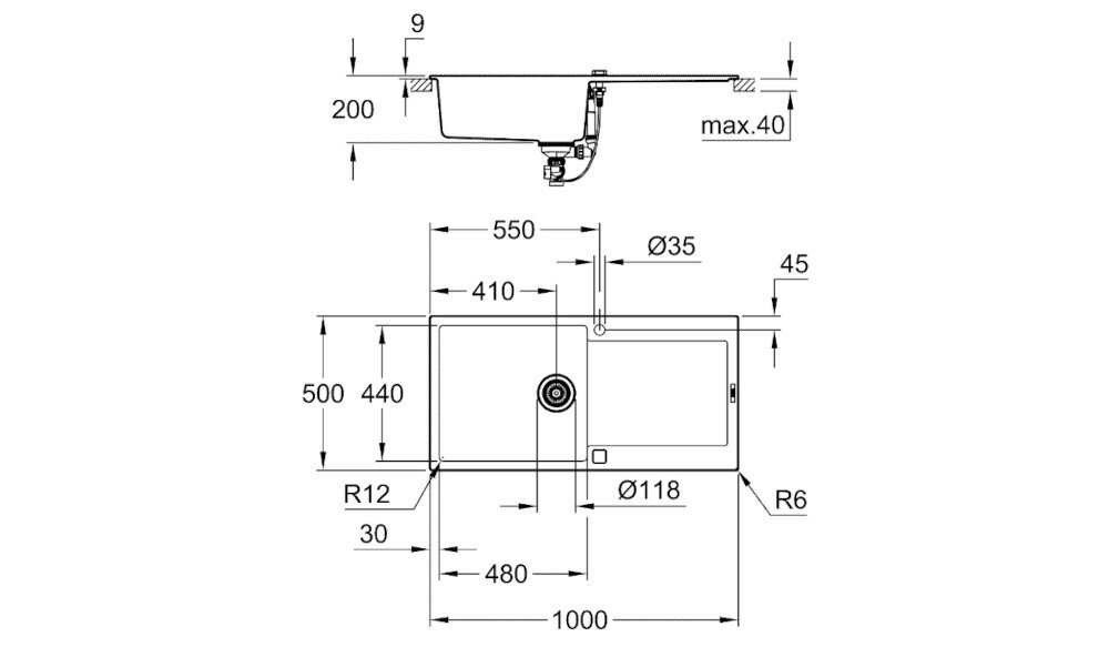 Zlewozmywak jednokomorowy z ociekaczem GROHE K500 31645AP0 rysunek techniczny wymiary
