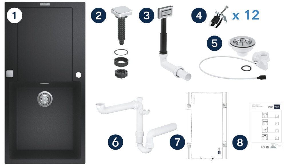 Zlewozmywak jednokomorowy z ociekaczem GROHE K500 31645AP0 Grafika przedstawia czarny zlewozmywak z jedną komorą oraz wszystkie elementy montażowe wchodzące w skład zestawu. Poszczególne części, takie jak syfon, odpływ, pokrętło czy szablon montażowy, zostały ponumerowane i rozmieszczone wokół zlewu