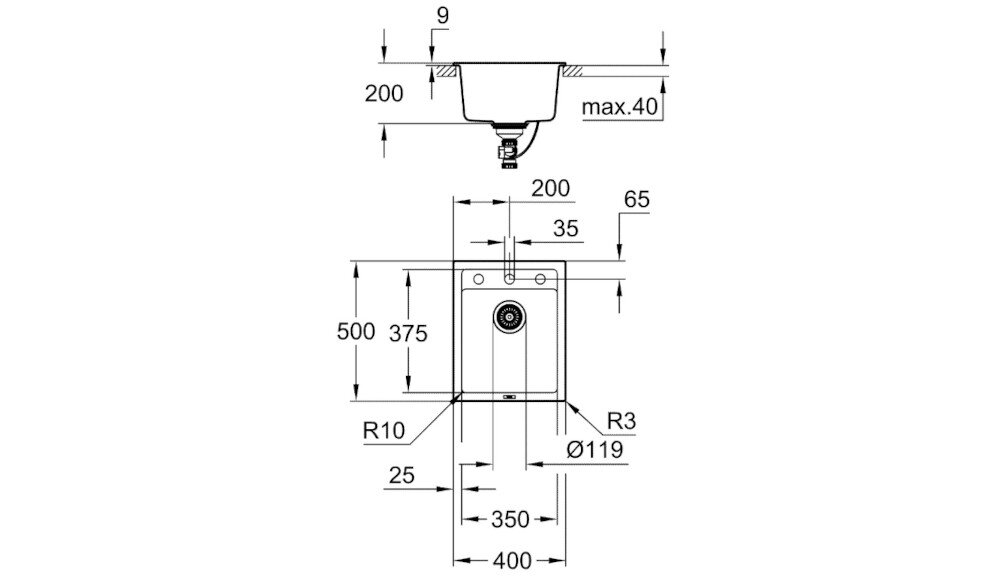 Zlewozmywak jednokomorowy GROHE K700 31650AP0 rysunek techniczny wymiary