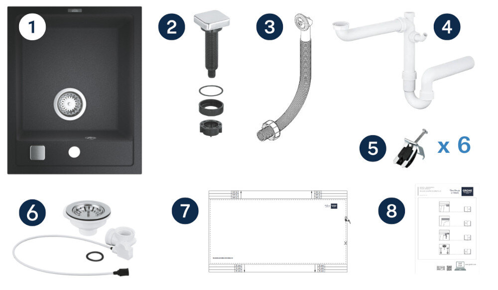 Zlewozmywak jednokomorowy GROHE K700 31650AP0 Grafika przedstawia czarny zlewozmywak z jedną komorą oraz wszystkie elementy montażowe wchodzące w skład zestawu. Poszczególne części, takie jak syfon, odpływ, pokrętło czy szablon montażowy, zostały ponumerowane i rozmieszczone wokół zlewu