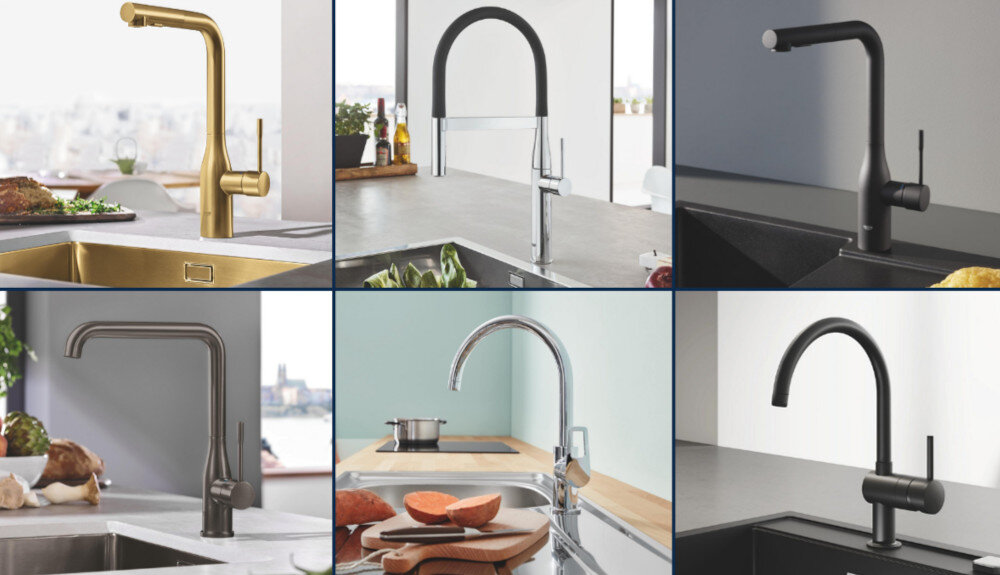 Zlewozmywak jednokomorowy GROHE K700 31650AP0 Mozaika zdjęć przedstawiająca sześć modeli baterii kuchennych w różnych kształtach i wykończeniach. Ujęcia pokazują je w aranżacjach kuchennych różne kolory odcienie baterii aranżacje