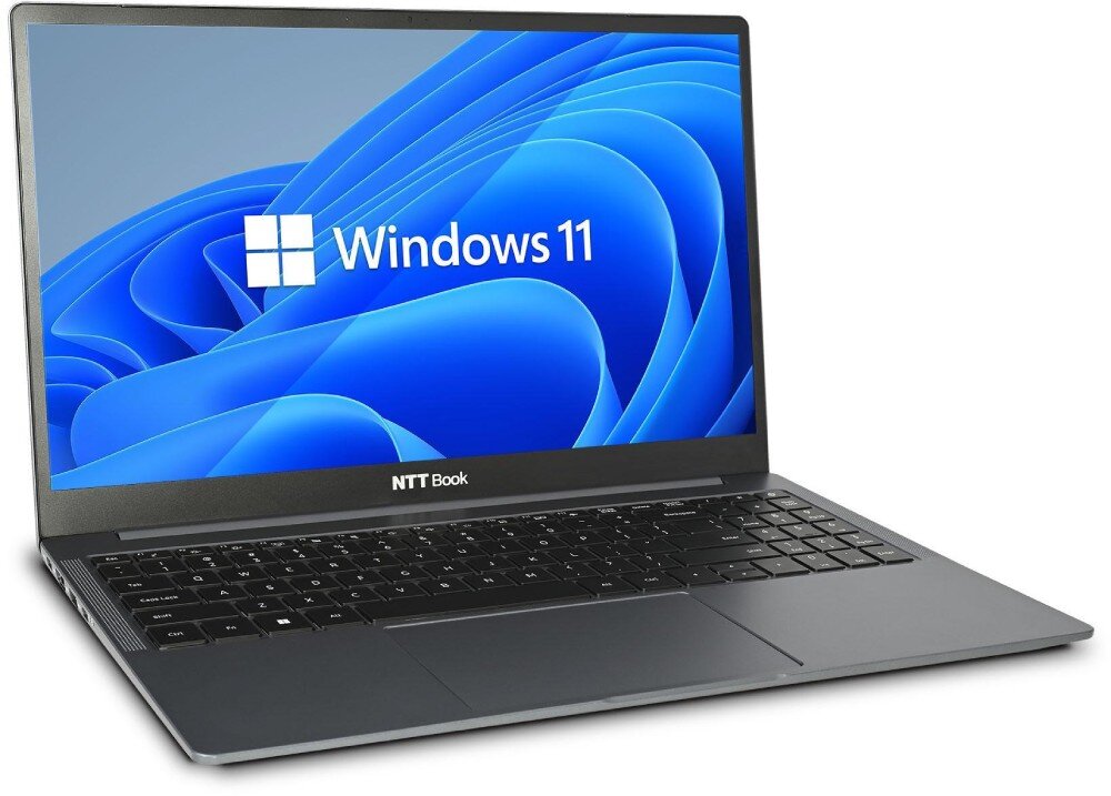 Laptop NTT Book B15IP Laptop z ekranem wyświetlającym system Windows 11, widok z przodu pod kątem, pokazujący klawiaturę i wyświetlacz, opis