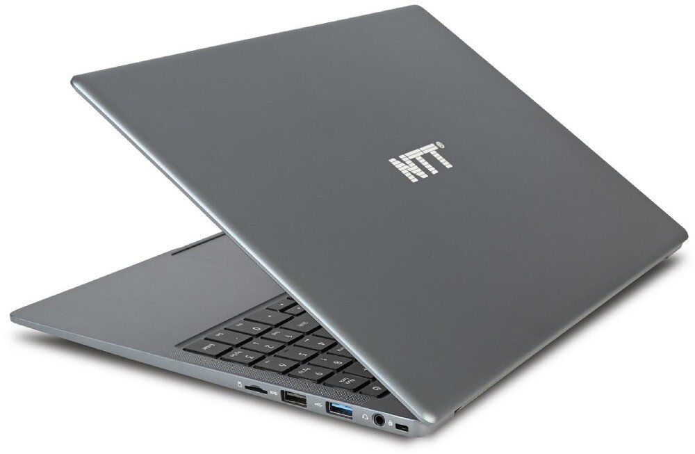 Laptop NTT Book B15IP Widok tylnej części laptopa z lekko otwartą pokrywą, ukazujący logo producenta oraz porty boczne, konstrukcja, waga, grubość, bateria