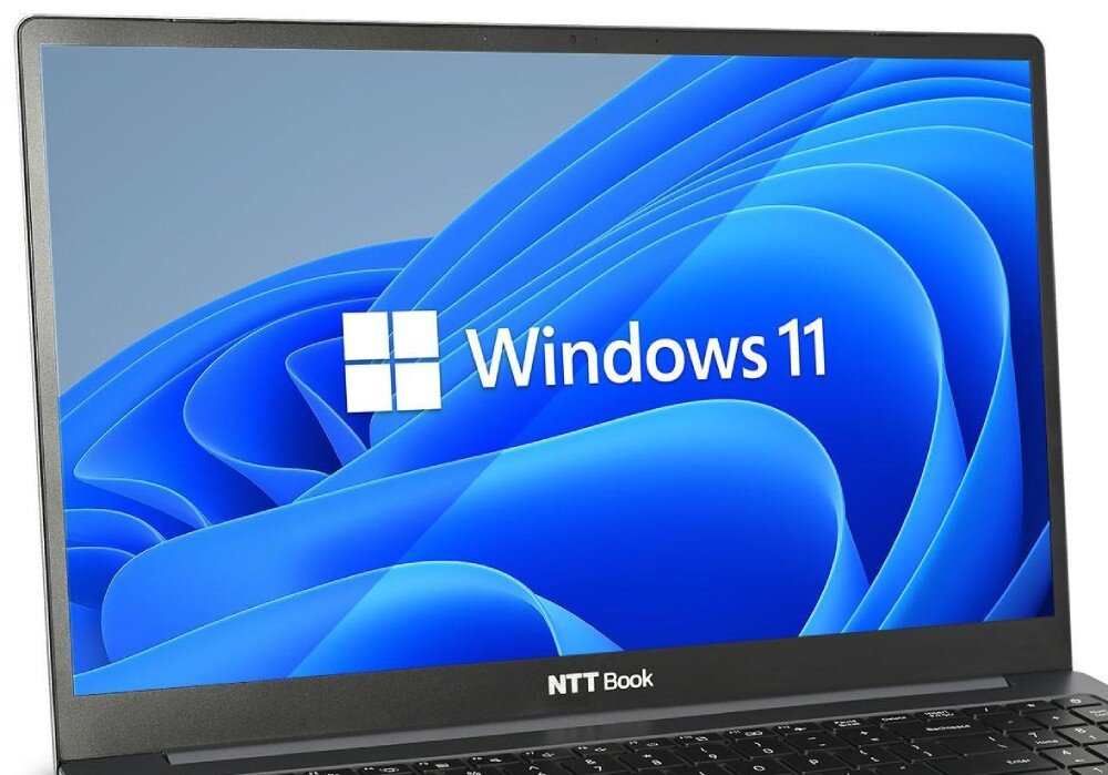 Laptop NTT Book B15IP Zbliżenie na ekran laptopa z widocznym logo 'Windows 11' i cienką ramką wokół wyświetlacza, ekran, matryca, rozdzielczość