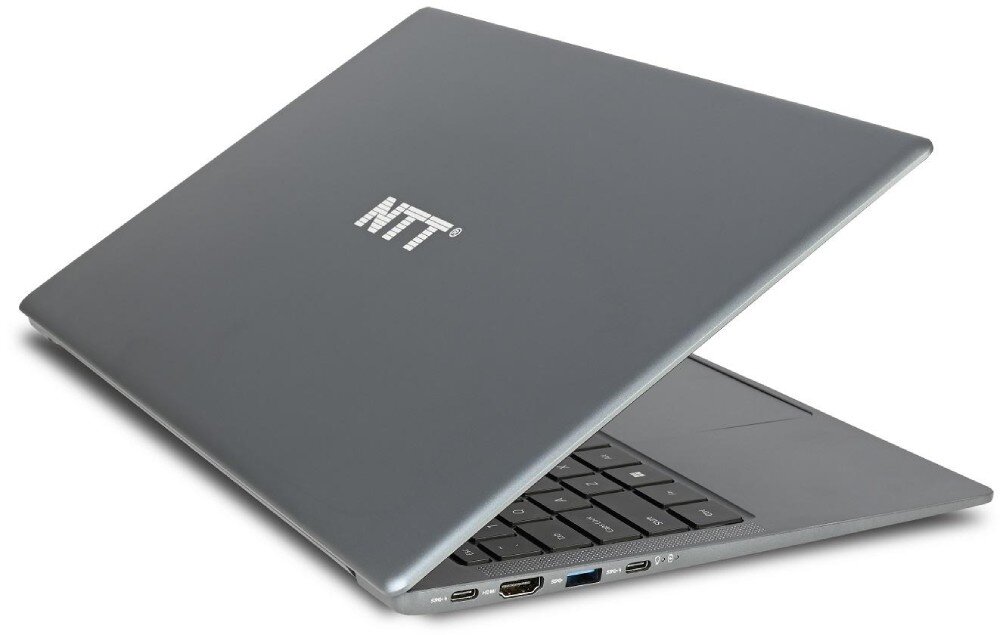 Laptop NTT Book B15IP Laptop z otwartą pokrywą widziany z tyłu i z boku, pokazujący logo producenta i boczne złącza, klawiatura, podświetlenie, porty, łączność