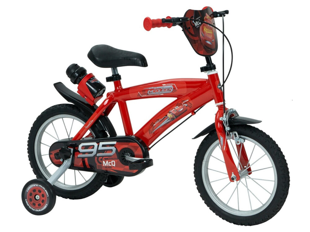 Rower dziecięcy HUFFY Disney Auta 16 cali dla chłopca Czerwony rower na białym tle widoczny od przodu pod skosem dla dzieci w wieku od 5 do 7 lat trwałość wytrzymałość mocna konstrukcja kolorowa grafika Zygzak McQueen z bajki Auta