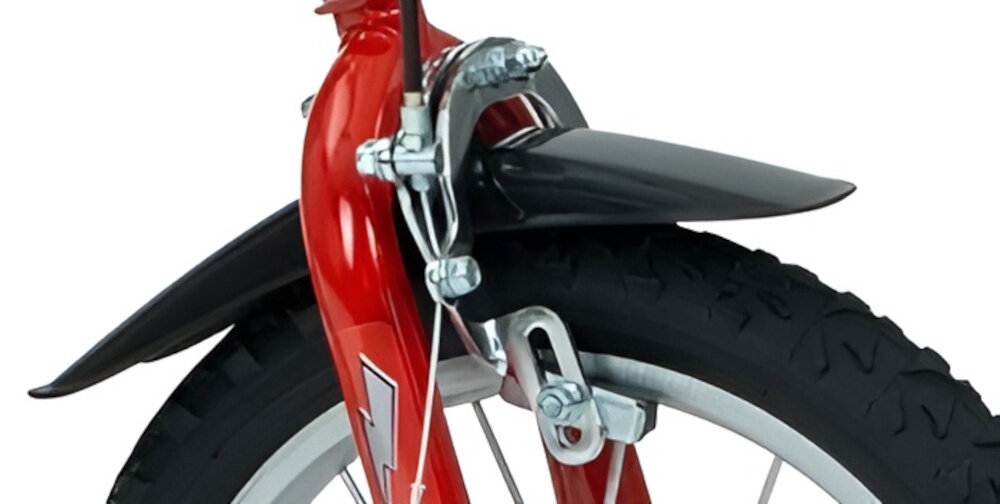 Rower dziecięcy HUFFY Disney Auta 16 cali dla chłopca Czerwony zbliżenie na przedni hamulec zdjęcie na białym tle podstawa bezpieczeństwa hamulce hamulce V-Brake typu Caliper lekkie duża siła hamowania hamulce z przodu i z tyłu podwójny pakiet bezpieczeństwa skuteczne hamowanie