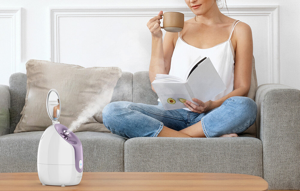 Sauna do twarzy ANLAN 01-AZLY21-02E komfort codzienna pielęgnacja profesjonalna technologiełatwośc użytkowania domowe zacisze intensywne nawilżanie oczyszczanie absorpcja składników 