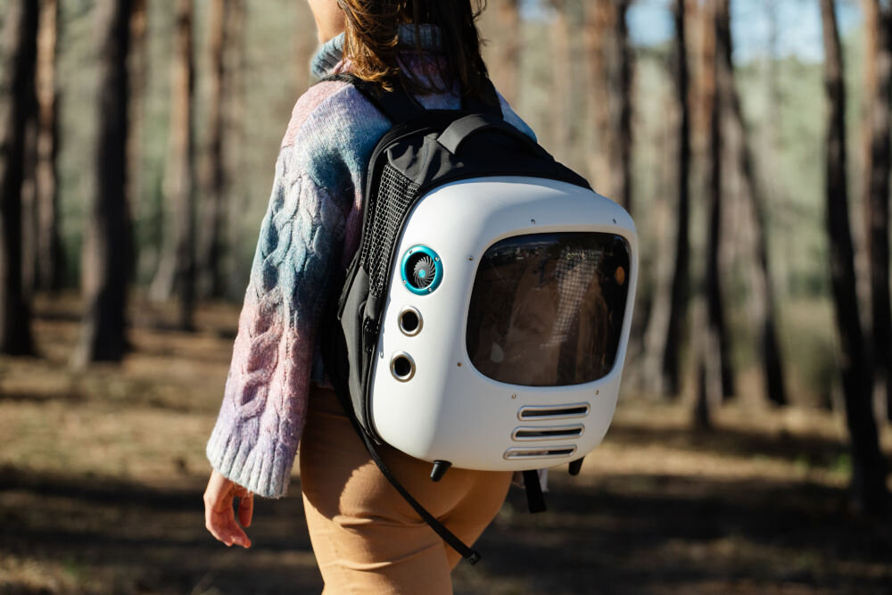 Transporter dla psa i kota CECOTEC Pumba 1800 Travel Fan 09564 ubrany na plecy w środku siedzący kot