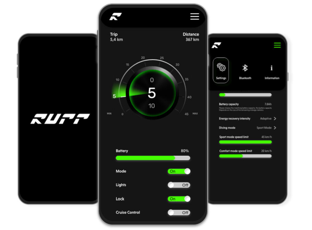 Hulajnoga elektryczna RUPTOR R3 V3 Miedziany wbudowany modul Bluetooth bezplatna aplikacja mobilna RUPTOR monitorowanie stanu technicznego pojazdu zmiana ustawien ustawienie alarmu i blokady na systemy Android i iOS