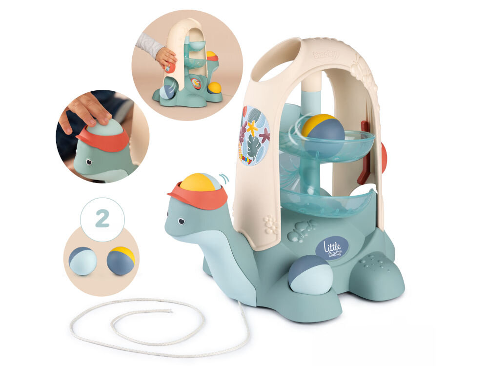 Zabawka edukacyjna SMOBY Little Żółw do ciągnięcia ze zjeżdżalnią dla piłeczek 7600140310 świetne narzędzie do stymulowania wyobraźni i kreatywności dziecka różnorodne kształty kolorowe piłeczki Kolorowa, ruchoma zabawka