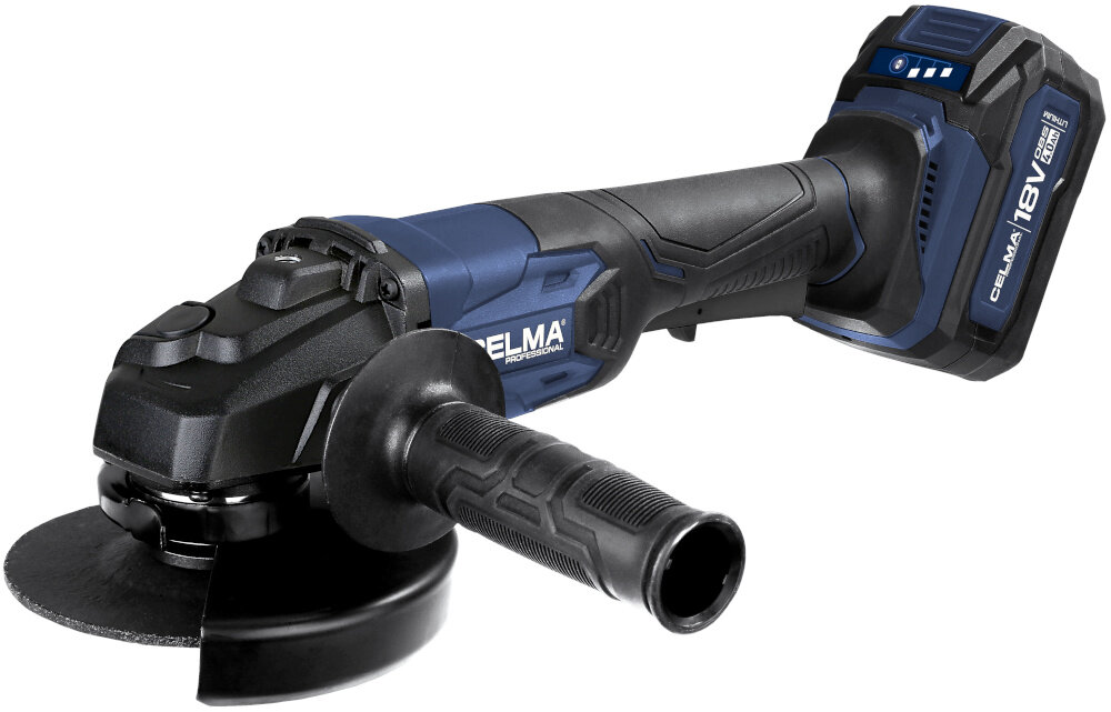 Szlifierka kątowa CELMA PROFESSIONAL PRAg-Li 125OBS 18V 1x4Ah 125mm szlifierka z akumulatorem na białym tle widoczna od przodu pod skosem obrysowane miejsce na akumulator wszechstronne zastosowanie do cięcia szlifowania i oczyszczania różnych materiałów zasilanie akumulatorowe