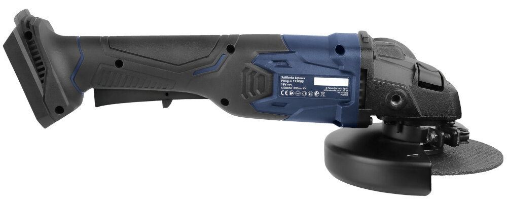 Szlifierka kątowa CELMA PROFESSIONAL PRAg-Li 125OBS 18V 1x4Ah 125mm szlifierka bez akumulatora na białym tle widoczna z boku do cięcia szlifowania i oczyszczania różnych materiałów średnica tarczy 125 mm prędkość obrotowa do 10000 obr./min