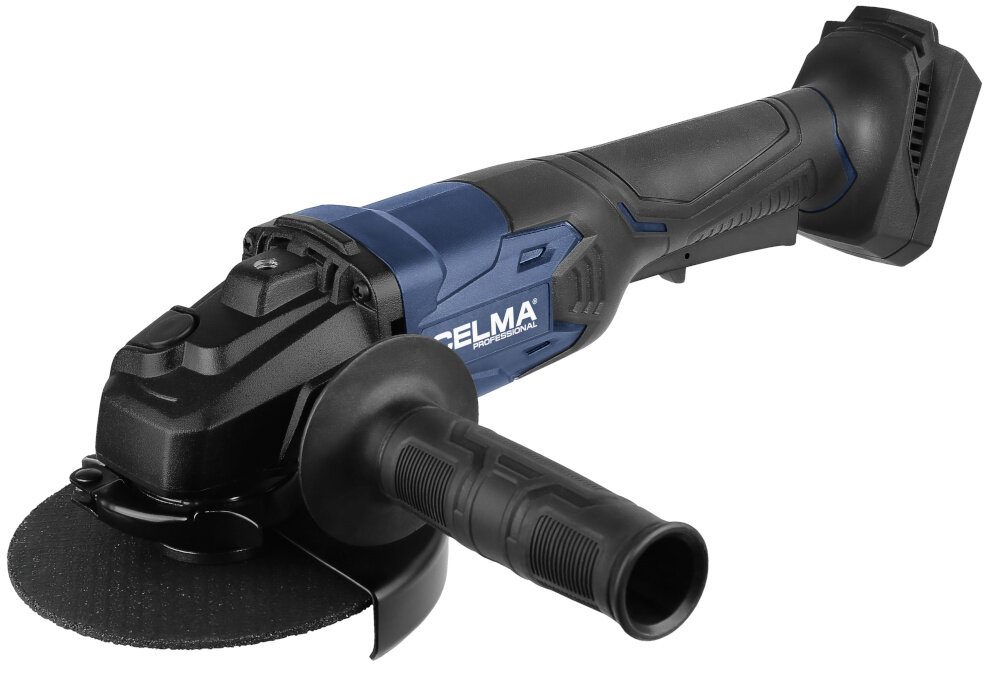 Szlifierka kątowa CELMA PROFESSIONAL PRAg-Li 125OBS 18V 1x4Ah 125mm szlifierka bez akumulatora na białym tle widoczna od przodu pod skosem funkcja płynnego startu ogranicza szarpnięcia przy uruchomieniu włącznik z kontrblokadą bezpieczeństwo pracy mechanizm zabezpieczenia przed przeciążeniem bezpieczne użytkowanie sprzętu