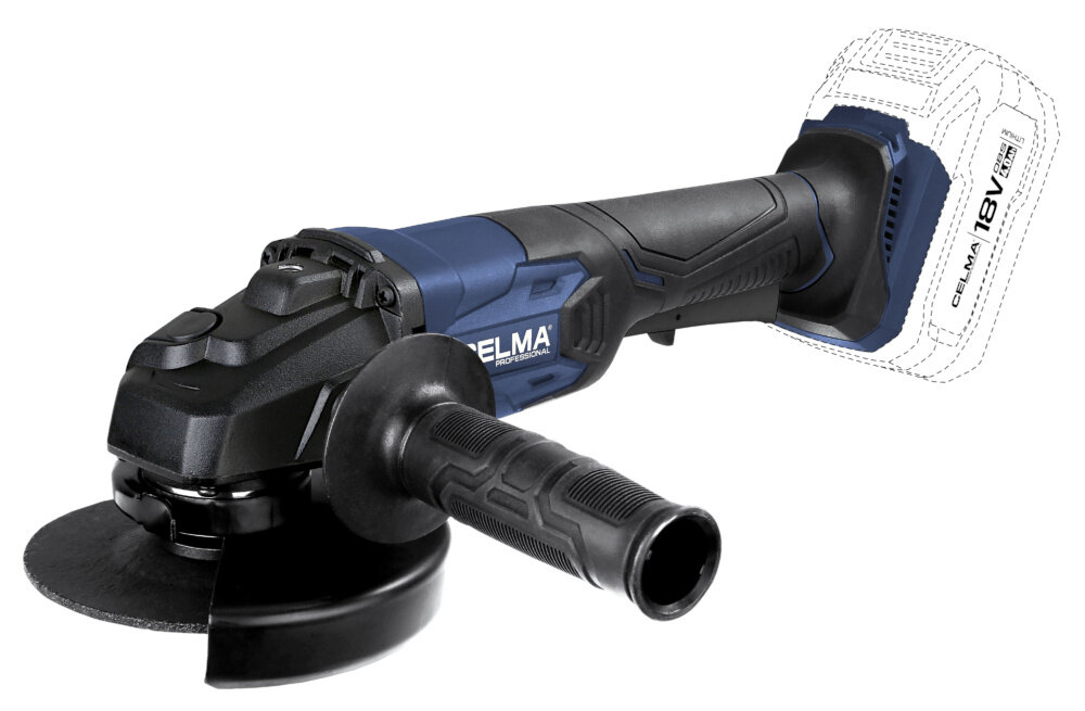 Szlifierka kątowa CELMA Professional PRAg-Li 125 OBS18V 125mm 0Aku szlifierka bez akumulatora na białym tle widoczna od przodu pod skosem obrysowane miejsce na akumulator wszechstronne zastosowanie do cięcia szlifowania i oczyszczania różnych materiałów zasilanie akumulatorowe
