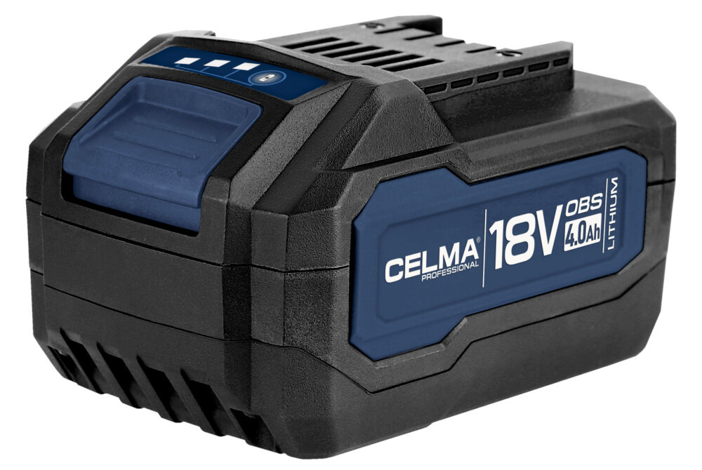 Szlifierka kątowa CELMA Professional PRAg-Li 125 OBS18V 125mm 0Aku akumulator na białym tle system OBS One Battery System możliwość współdzielenia akumulatora 18 V z innymi narzędziami tej serii pełna mobilność