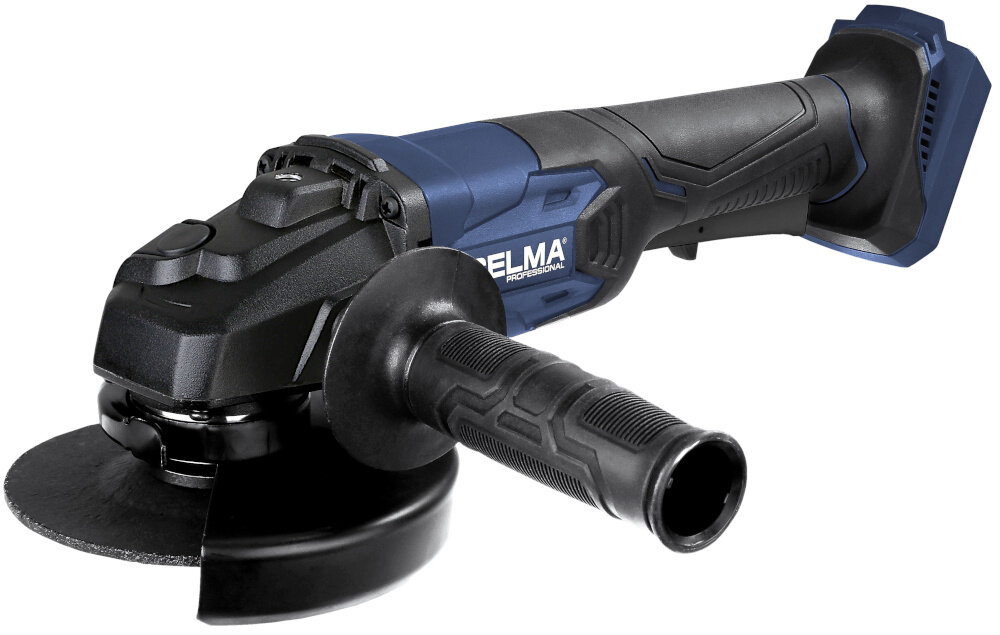 Szlifierka kątowa CELMA Professional PRAg-Li 125 OBS18V 125mm 0Aku szlifierka bez akumulatora na białym tle widoczna od przodu pod skosem trwała konstrukcja przemyślane rozmieszczenie elementów sterujących dostępne bez zmiany uchwytu długotrwała praca lekką konstrukcją 1,74 kg dodatkowe zabezpieczenia