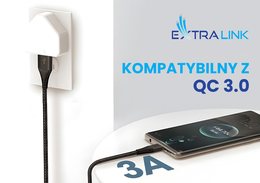 EXTRALINK Smart Life Cable Extralink Smart Life QC 3.0 15 W, Konstrukcja przewodu telefonu, tabletu czy słuchawek - szybkie ładowanie, telefon podłączony kablem do ładowarki