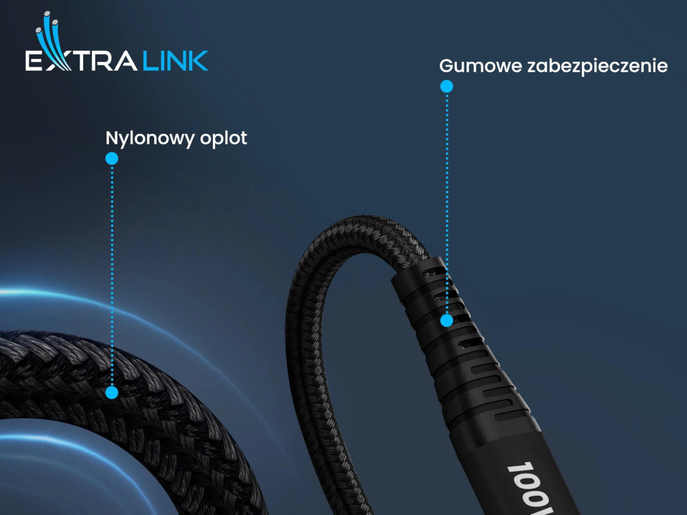 EXTRALINK Smart Life Cable Extralink Smart Life wytrzymały oplot nylonowy przetarciami oraz splątaniem Wzmocnione złącza elastycznym zabezpieczeniem solidnej budowie - końcówka kabla przy smartfonie, w tle napis 100 w
